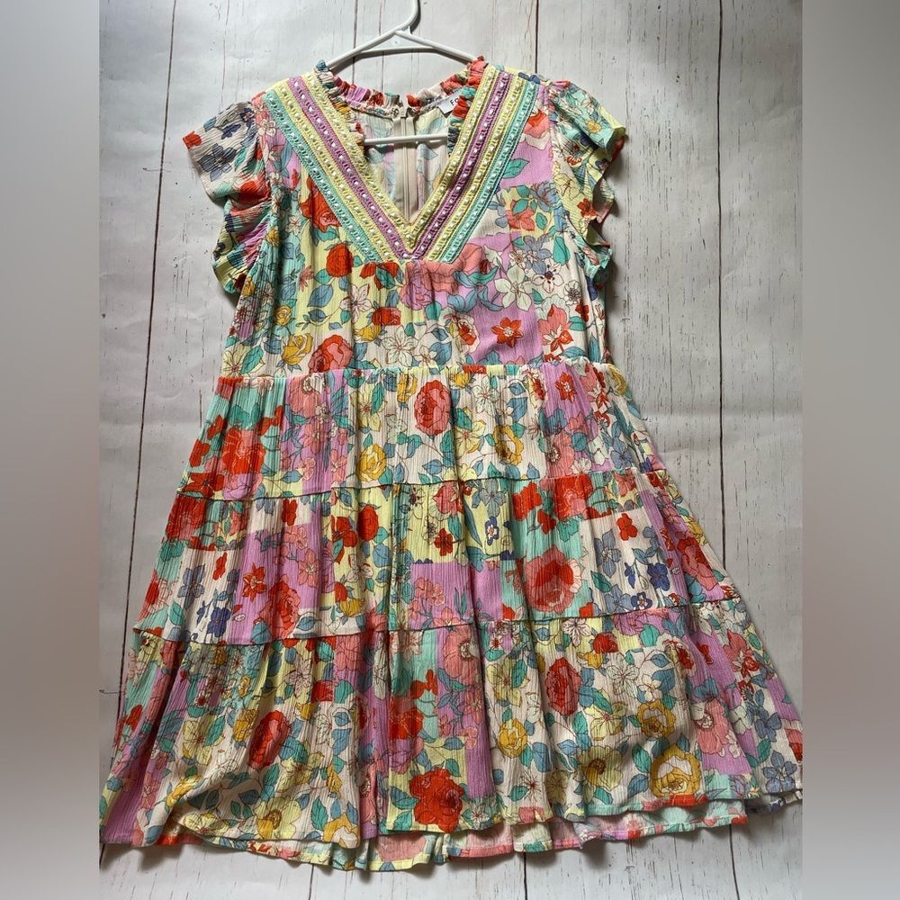 FATE Medium floral babydoll dress 100% Rayon lined lace green yellow purple - Picture 10 of 14